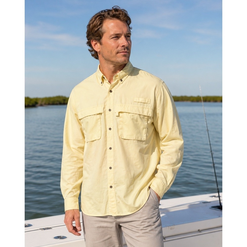 LL Bean Fishing Shirt Mens‎ Large Regular Yellow L/S Vent "San Jaun River 2006"